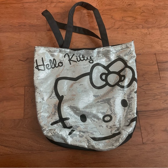 Hello Kitty Silver, Black Sequin Shoulder Tote Magnetic Snap Closure - Picture 1 of 5